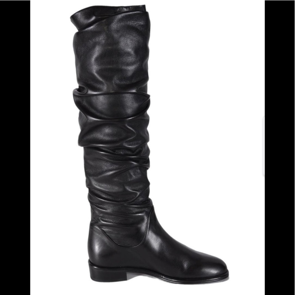 BRAND NEW Stuart Weitzman Black Nappa Leather Scrunchy Knee High Flat Boots